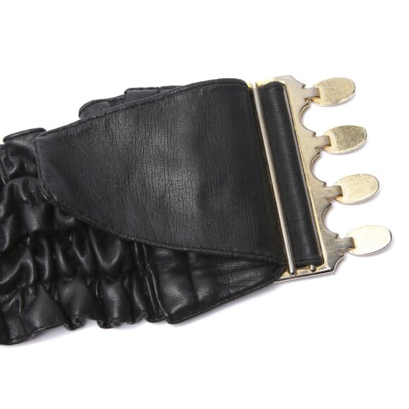 Vegan Faux Leather Wide Cinch Belt Ruffled Black Stretch Waist Band Gold Buckle - Picture 10 of 11